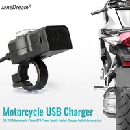 JaneDream 12V-24V Dual USB Port Waterproof Motorcycle Handlebar Adapter Power Supply Charger Switch Accessories For Phone