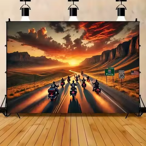 Vintage Motorcycle Rider Sunset Road Trip Banner Tapestry Cotton Travel Theme Living Room Bedroom Do