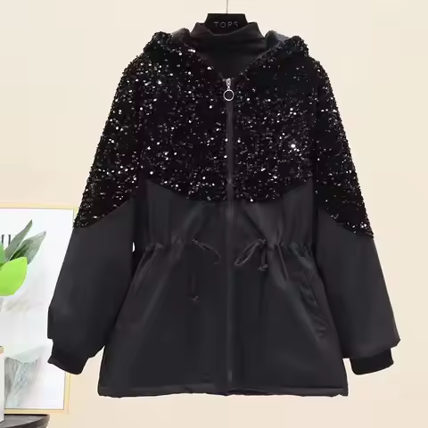 Women's Coat Sequin Patchwork Hooded Jacket