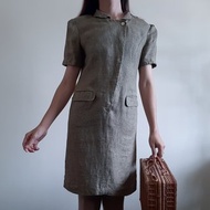 復古亞麻摩登連身裙 綠色棕色夏季連身裙 復古連身裙