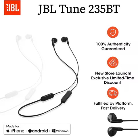 JBL TUNE 235BT Neckband Bluetooth Headphones, Wireless Sports Earbuds with JBL Pure Bass Sound, IPX4