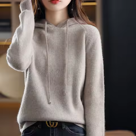 New cashmere sweater women's 100% pure wool hooded collar pullover sweater ladies fashion plu size w