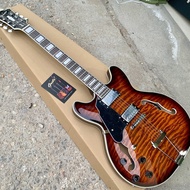 Left Handed Grote ES335 Tiger Burst Semi Hollow Body Electric Guitar Professional Guitar