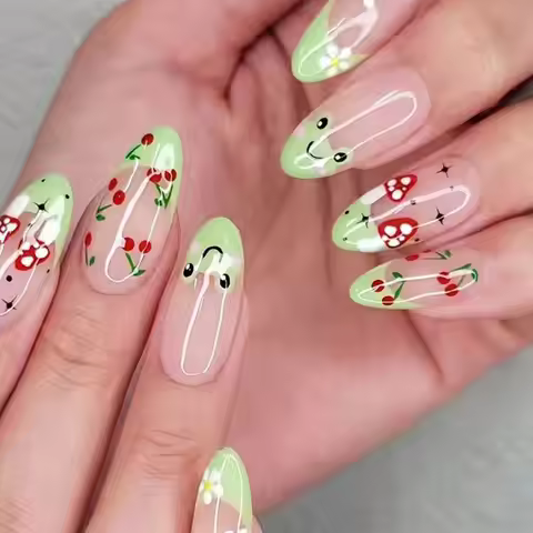 Lovely Cherry Press on Nails French Fake Nails Detachable False Nails Mushroom Press on Nails with G