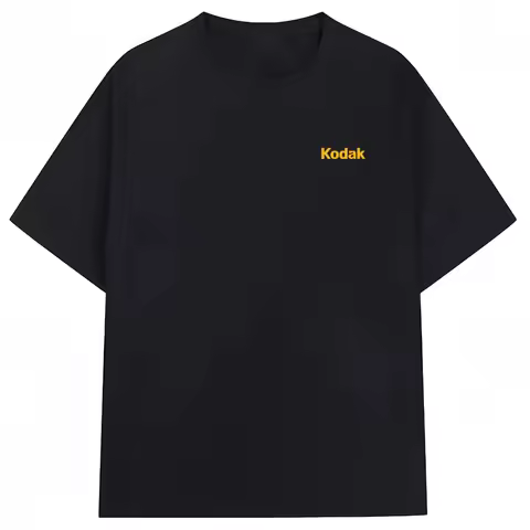 2026 Kodak Mini Yellow Logo T-Shirt, Minimalist Side Print Tee, Black Cotton Crewneck for Men & Wome