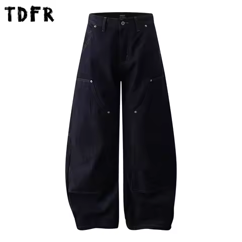 Double Knee Banana Jeans Mens Pocket Retro Washed Baggy Wide Leg Washed Denim Pants Man Trousers