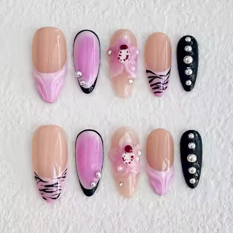 New Handmade Pink Gradual Change Style Manicure 3D Engraved Design Zebra Stripe Almond Length Manicu