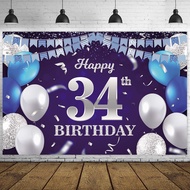 Happy 34th Birthday Banner Backdrop Navy Blue Balloons Confetti Stripe Flag Light Spots Cheers to 34