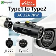 Evqiaoyi J1772 Type 1 to Type 2 Ev Charging Adapter 32a 7kw Portable Converter for Type 2 Electric V