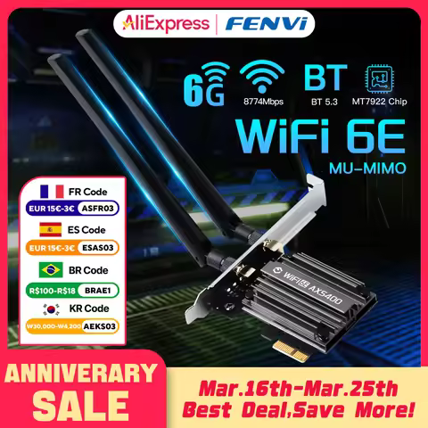 Fenvi 5374Mbps WiFi 6E PCIe Wireless Adapter Bluetooth 5.3 Tri band 6G/5G/2.4G Network Card MT7922 W
