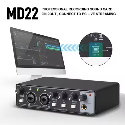 MD22 Professional Audio Sound Card Monitor, 24-bit/192KHz AD Converter for Electric Guitar Recording