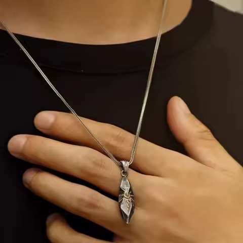 Men's Retro Wish Stone Necklace - Cool Meteorite Pendant, Sweater Chain Accessory
