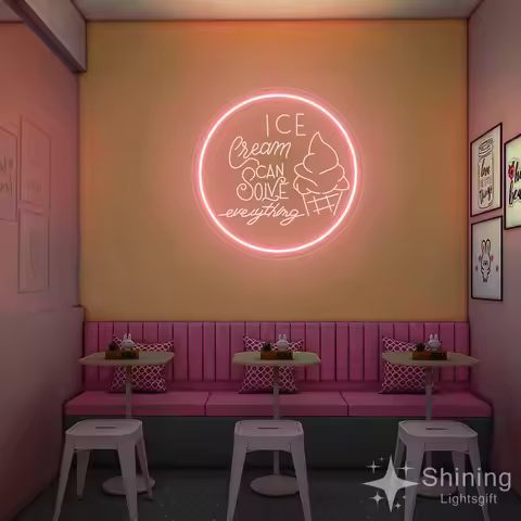 Ice Cream Can Solve Everything Carved Neon Sign Store Corner LED Laser Engraving Neon Lights Wall De