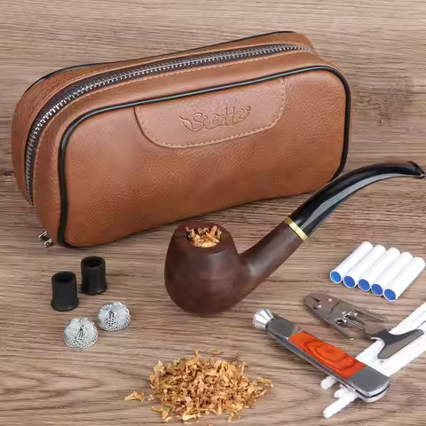 Handmade Pipe Set, Leather Pipe Pouch, Wood Pipe and Accessories (Scraper/Stand/Filter Element/Filte