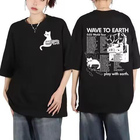 Wave To Earth 0.03 World Tour Oversized T-Shirt - Cute Cat Logo & Concert Dates, Trendy K-Indie Merc