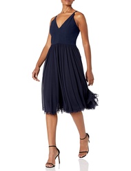 Dress the Population Women's Alicia Plunging Mix Media Sleeveless Fit and Flare Midi Dress