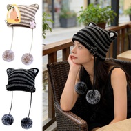 Y2k Cat Ears Beanie Gyaru Acubi Devil Crochet Hat Cute Kawaii Star Grunge Aesthetic Pompoms Cutecore
