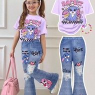 2pcs Tween Girls Casual Loose Fit Round Neck Short Sleeve T-Shirt And Flare Pants Set, Featuring Cut
