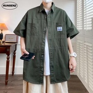 M-8XL Premium Cotton Shirt Men Vintage Cargo Shirt ArmyGreen Short Sleeve Casual Loose