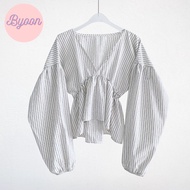 Áo Babydoll Nữ Kẻ Sọc BYOON SAIGON Cổ V Tay Dài Kiểu Tiểu Thư Xinh Xắn A51439