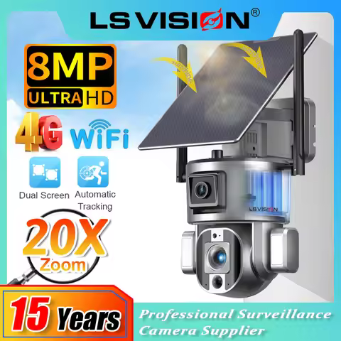 LS VISION 20X Zoom WIFI/4G SIM Solar Security Camera 4K Dual Screens Humanoid Tracking Wifi Solar ou