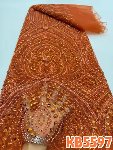 YALISI Burnt Orange Beads Lace Fabric Nigerian Lace Fabric 5 Yards High Quality 2026 Pink Sequence F