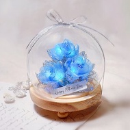 免運 半透明藍玫瑰 緞帶永生花玻璃罩LED小夜燈