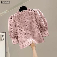 ZANZEA เสื้อเสื้อสีทึบเสื้อยืดคอกลมสำนักงานผู้หญิงที่สง่างามเสื้อลูกไม้เย็บปะติดแขนสามส่วน #0901