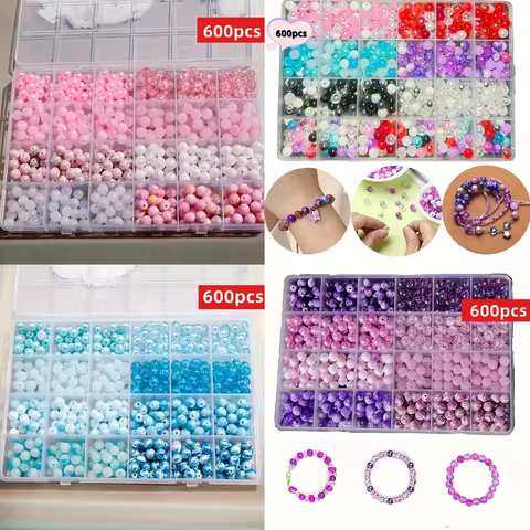 600pcs/Set, Bead Set Box, Frosted Round Beads, AB Round Beads, UV Round Beads, Mixed in Various Styl