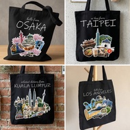 Black Canvas Laptop Bag for School and Work Printed with Asian City Hong Kong Taipei Osaka Zipper a-