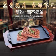 Rectangle Sizzling Cast Iron Hot Plate Teppanyaki Grill with Wood Underliner Steak Korean BBQ Pinggan Bakar Besi 铁板烧