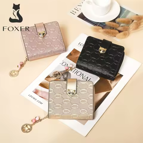 FOXER Fashion Women's Universal Wallet Split Leather Classic Embossed Portable Card Bag Zero Wallet 