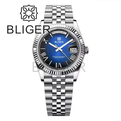 BLIGER Luxury Gradient Blue Men's Mechanical Automatic Watch Sapphire glass Week Day Dual Calendar 3