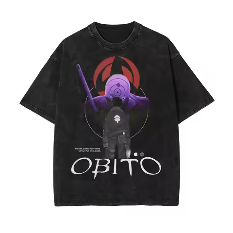 Uchiha Obito Mask T-shirt Naruto Shippuden Tee Vintage Washed Oversized Retro Anime Harajuku Streetw