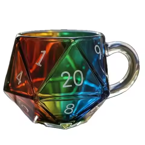 J1UL1N Heat-Resistant Rainbow D20 Dice Mug, 20-Sided Polyhedral Glass Gaming Mug, Transparent Coffee