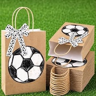 JarThenaAMCS 24 Pcs Soccer Paper Bags with Handles Ribbon Brown Sports Goodie Bags Candy Treat Gift 