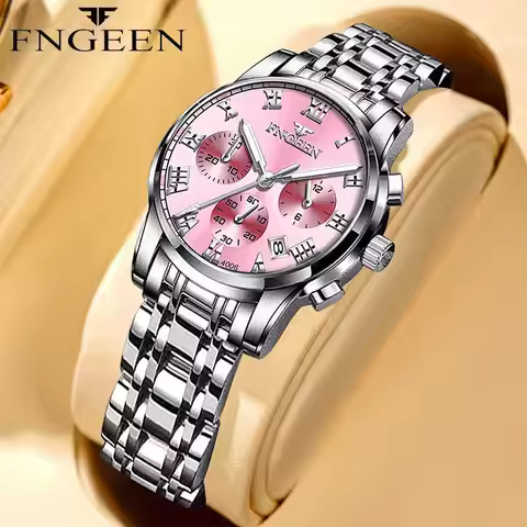 FNGEEN Quartz Watches for Women Elegant Stainless Steel Multifunction Luminous Waterproof Date Wrist