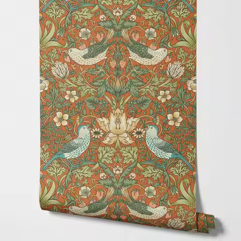 Strawberry Thief Flower Wallpaper in vintage Orange, Wall Paper with cheeky birds feasting on nature