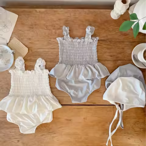6797 Ins Korean Girl Baby Swimsuit Summer Solid Color Swimsuit Top+Short+Hat Fashion Girl's Three-pi