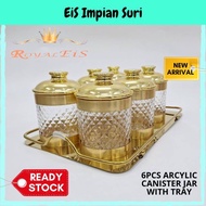 6pcs Acrylic Canister Jar with Tray SetAcrylic Airtight Round Canister Gold Balang kuih raya Bekas raya