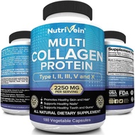 Nutrivein Multi Collagen Pills 2250mg - 180 Capsules Type I, II, III, V, X - Anti-Aging Healthy Joints, Hair, Skin, Bones, Nails, Hydrolyzed Protein Collagen Peptides Woman and Men