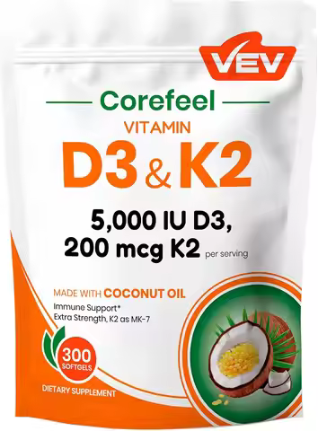 VEV Corefeel Vitamin D3 K2 5,000 IU, 100 mcg MK-7, 300 Coconut Oil Softgels| 2-in-1 Vitamin D & K Su