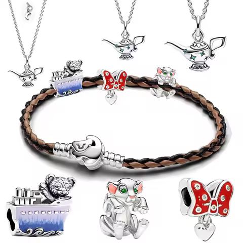 Hot Sale 925 Sterling Silver Miniso Disney Lion King Simba Leather Bracelet Bear Bow Charm Bead Fit 
