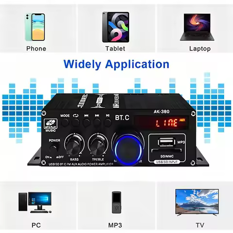 AK380 Bluetooth5.0 Digital Amplifier Max 800W 2.0CH HiFi Stereo AMP FM Radio USB TF AUX BASS Control