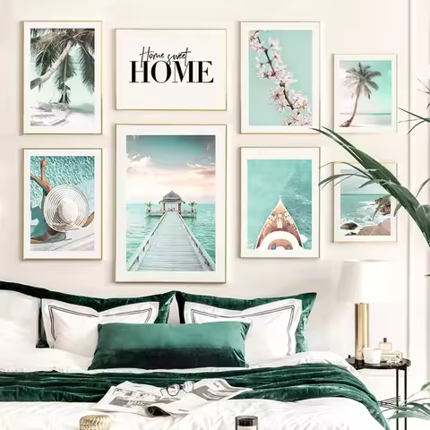 Turquoise Maldives Summer Sea Beach Coconut Tree Wall Posters and Prints Canvas Painting Landscape P