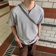 Henry Shirt Men American Retro Henry Collar Short Sleeve T Shirt Youth Gray Half Sleeve Collarless T