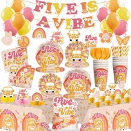 201pcs Five is a Vibe Birthday Party Decorations Tableware Set, 25pcs 5 is a Vibe Thick Plates Banne