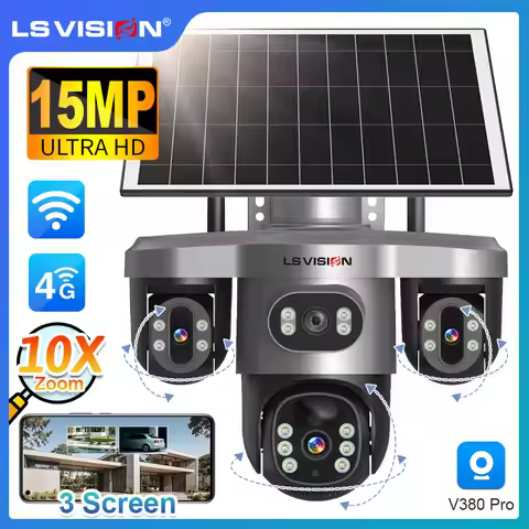 LS VISION 15MP Three PTZ Lens Solar Camera Outdoor WiFi/4G Three Screen 10X Digital Zoom Auto Tracki