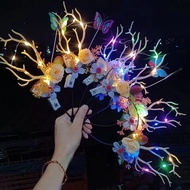 LED Deer Ear Antler Headband Luminous Flower Headdress Elk Ears Headband Hair Hoop for Christmas Par