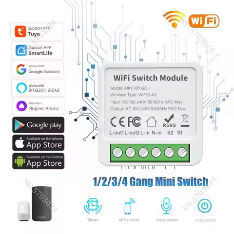WiFi Smart Mini Switch Tuya Smart 1/2/3/4 Gang Switch 2 Way Control Breaker Module Works With Alexa 